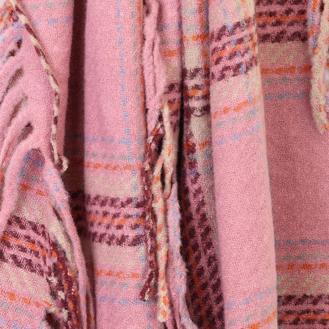 Rose Pink Fringe Edge Striped Check Scarf