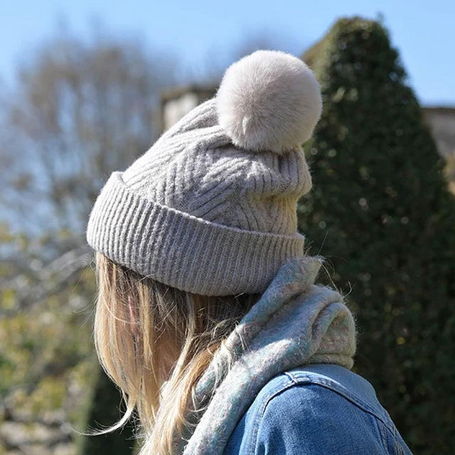 Oatmeal Herringbone Knit Bobble Hat
