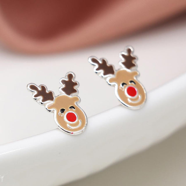 Silver and Enamel Christmas Rudolf Reindeer Mini Stud Earrings