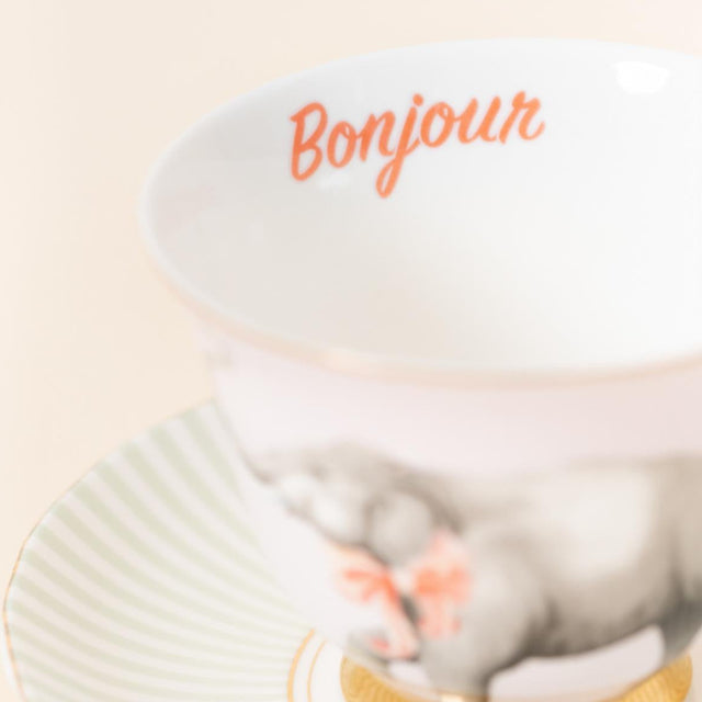 Elephant Tea Cup and Saucer Set Bonjour Wording