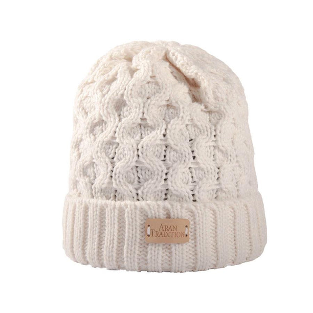 Cream Aran Cable Knit Beanie Hat