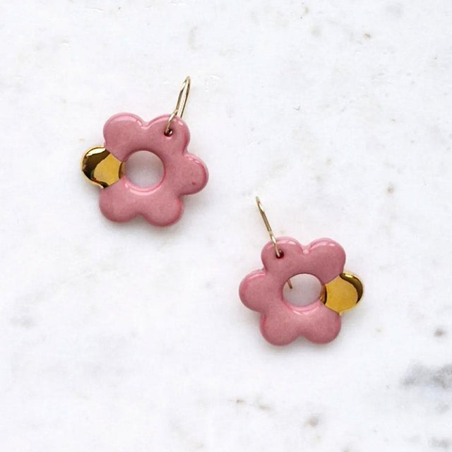 Pink & Gold Jan Retro Flower Dangle Earrings