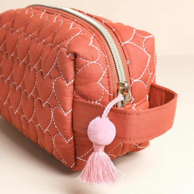 Rust Heart Embroidered Makeup Bag Close Up
