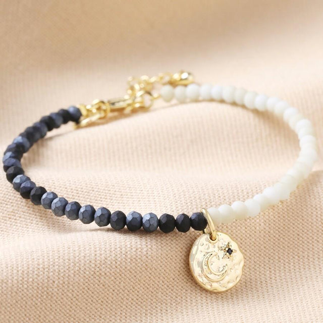 Navy and Grey Talisman Moon Charm Beaded Bracelet