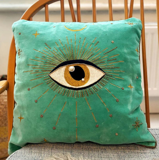 House of Disaster Turquiose Green Eye Embroidered Velevet Cushion