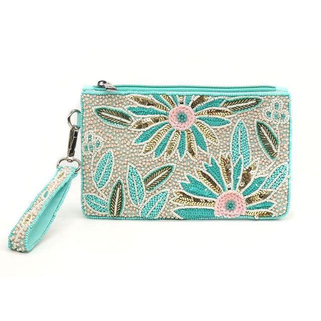 Pom Boutique Turquoise Floral Beaded Holiday Purse