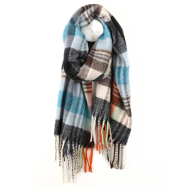 Blue and Dark Grey Tartan Check Scarf with Glitter Detailing