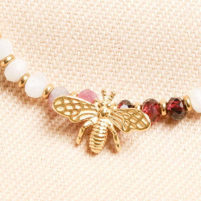 Burgundy Bead Bracelet with Bee Charm in Gold