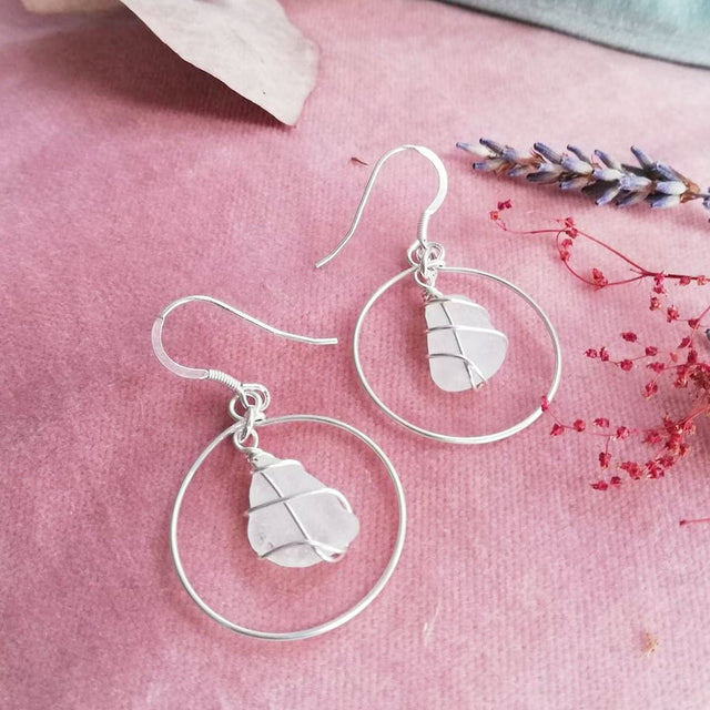 Silver Hoops White Sea Glass Earrings