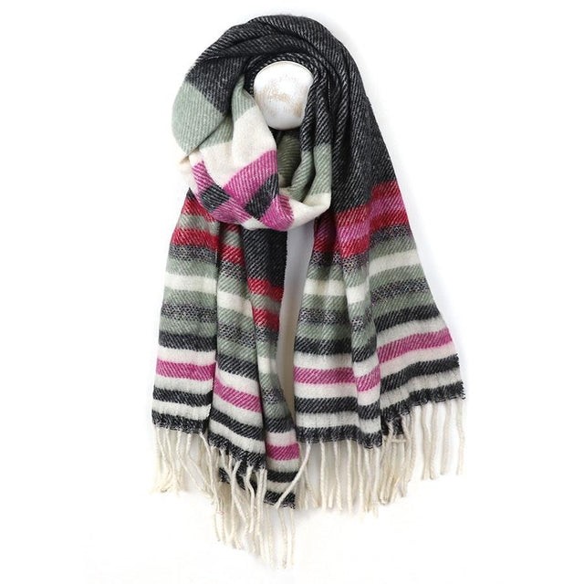 Black, Grey and Pink Twill Knit Striped Scarf
