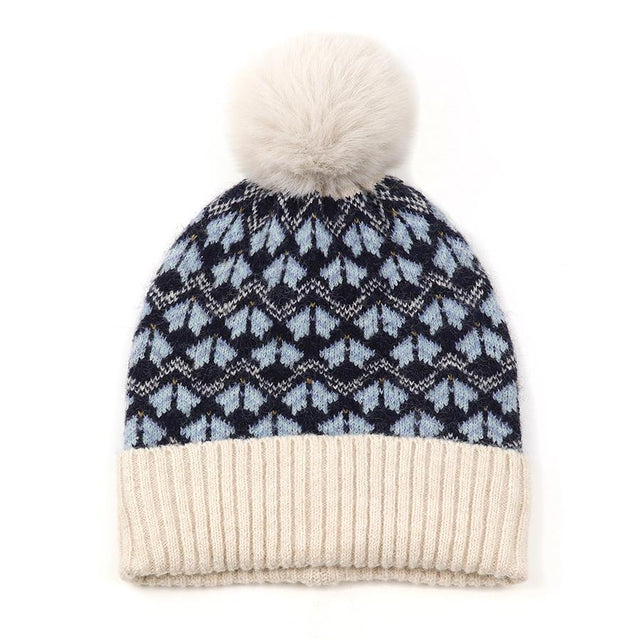 Navy & Cream Mix Flower Hat With Faux Fur Pompom