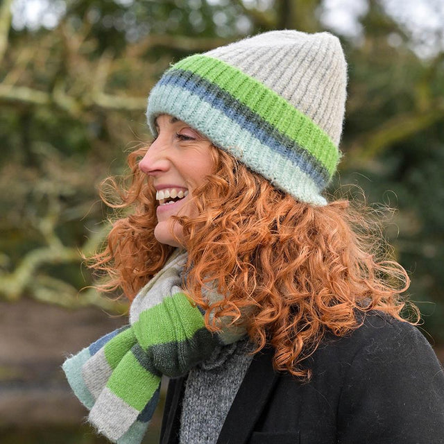 Denim, Grey and Green Mix Multi Stripe Rib Turn Up Beanie Hat