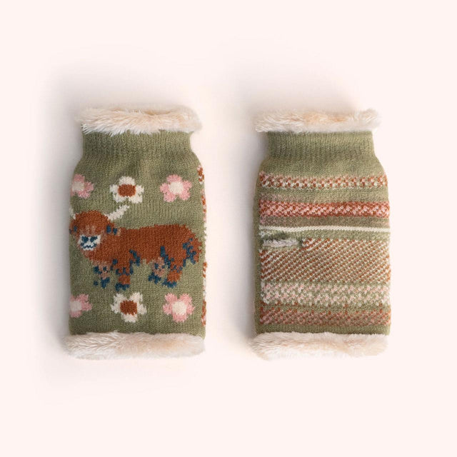 Moss Green Highland Cow Wrist Warmers