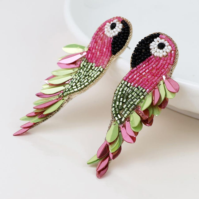 Fuschia and Lime Parrot Beaded Drop Earrings
