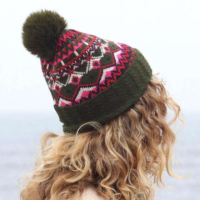 Deep Khaki and Pink Fairisle Pompom Hat