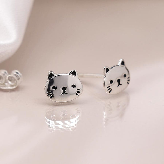 Silver Cat Face Mini Stud Earrings