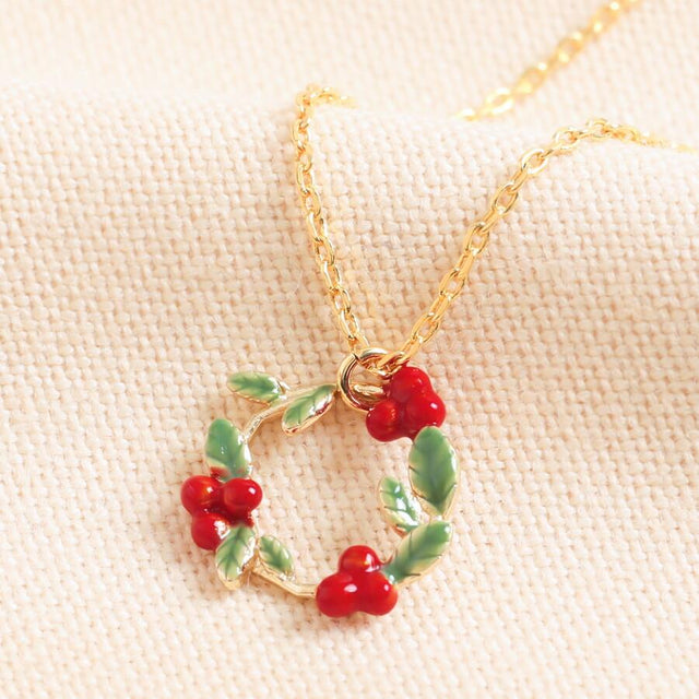 Enamel Holly Pendant Necklace in Gold