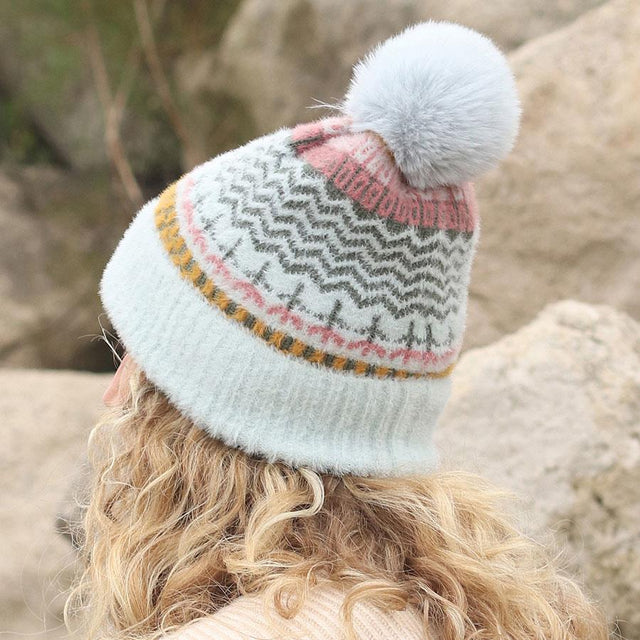 Pale Blue and Mustard Multi Pattern Hat With Faux Fur Pompom