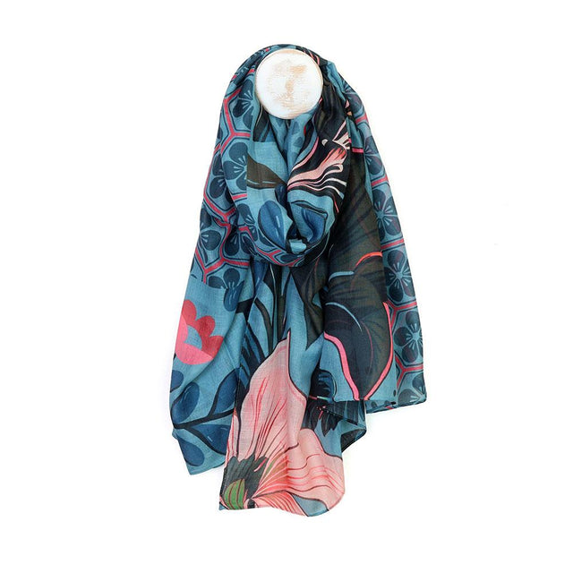 Teal and Pink Floral Mix Print Scarf