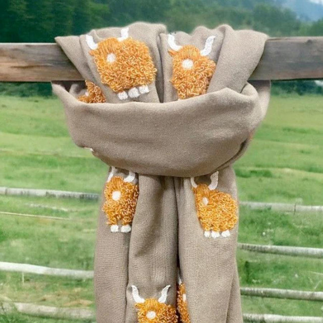 Beige Scarf with Brown Mohair Highland Cow Embroidery