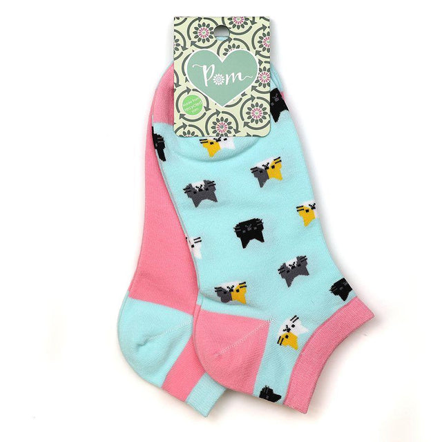 Pom Boutique Pink & Baby Blue Cats Trainer Socks Set Packaging