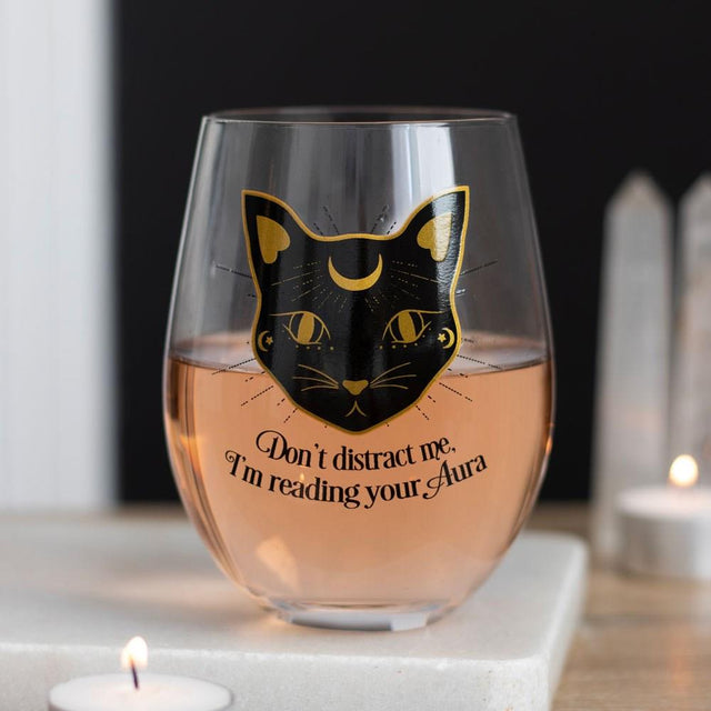 Reading Your Aura Black Cat Stemless Wine Glass