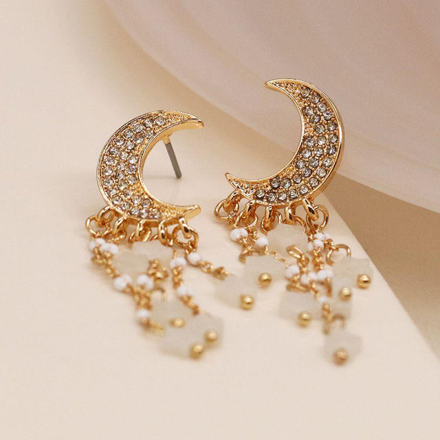 Faux Gold Crystal Moon and Beaded Stars Earrings