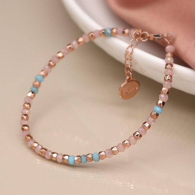 Pom Boutique Pink & Lilac Rose Gold Glass Bead Bracelet Close Up
