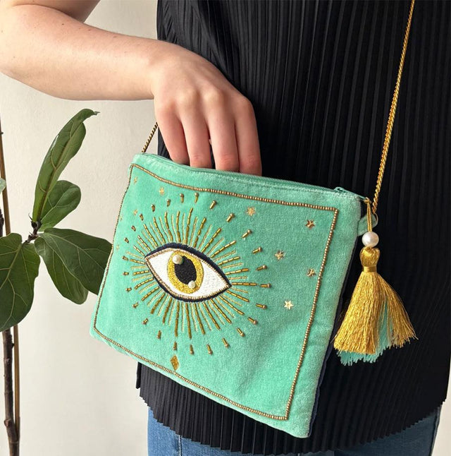 House of Disaster Turquoise Green Eye Embroidered Velvet Cross Body Bag