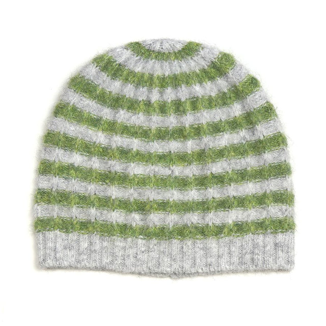 Green and Grey Striped Beanie Hat