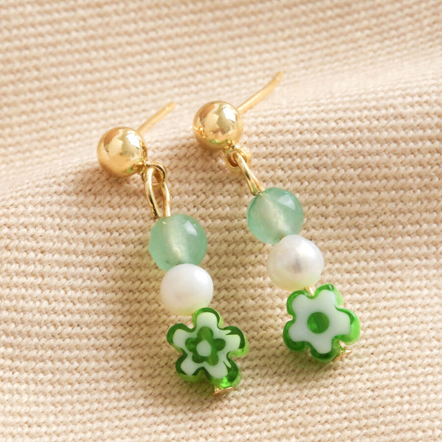 Millefiori Green Flower Bead Drop Earrings