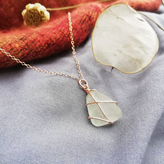 Rose Gold Classic White Sea Glass Necklace