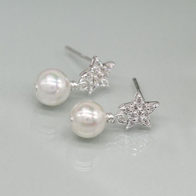 Pom Boutique Sterling Silver Crystal Star and Pearl Earrings Close Up