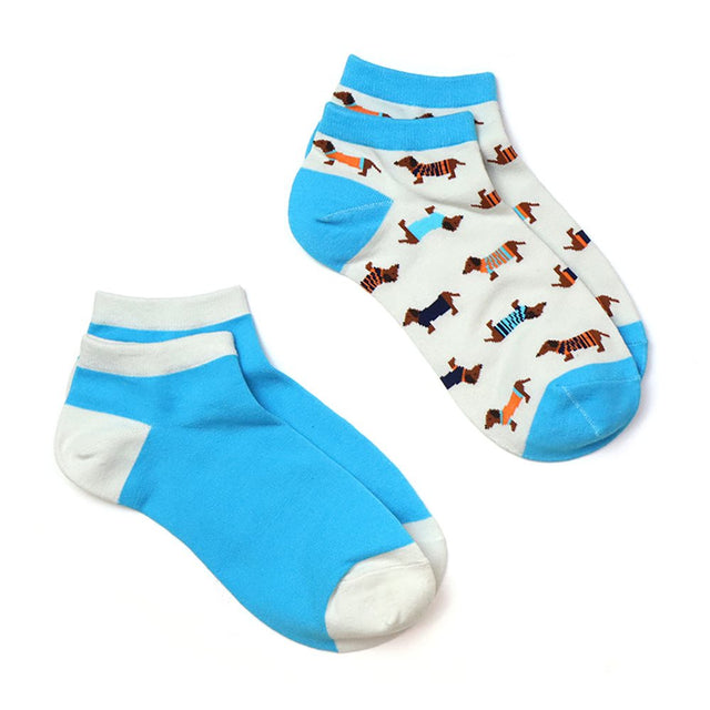 Pom Boutique Blue & White Sausage Dog 2 Pair Pack Trainer Socks