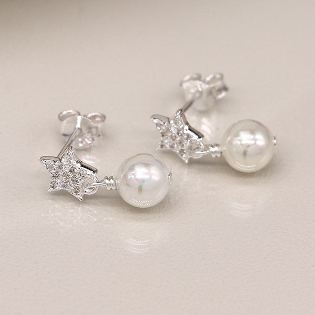 Sterling silver crystal star and pearl earrings