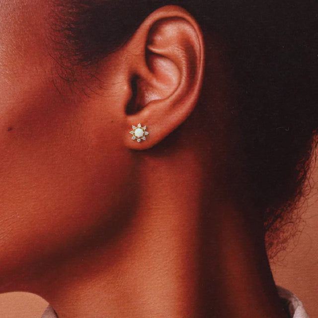 The Sun Opal and Crystal Sun Earrings in Gold Close Up