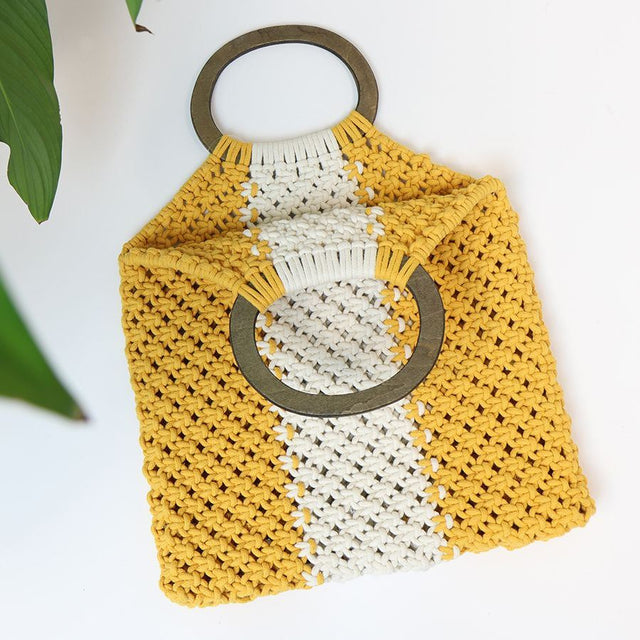 Yellow and White Crochet Bag with Wooden Handles