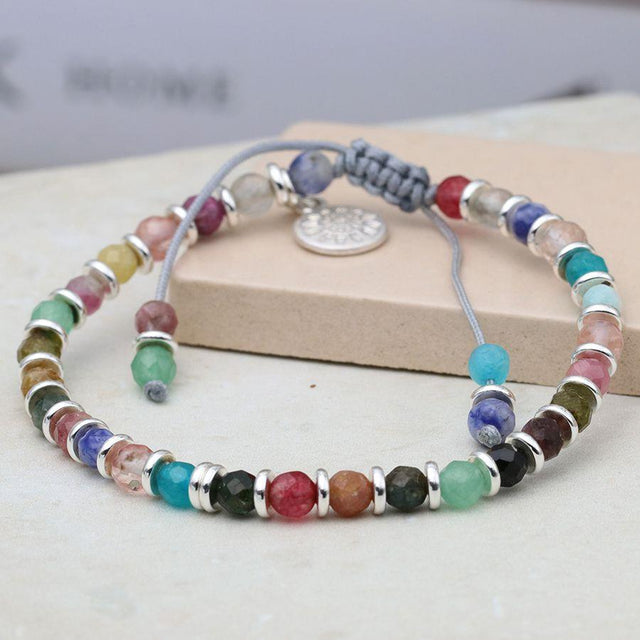 Cord and Rainbow Coloured Beads Bracelet in Silver