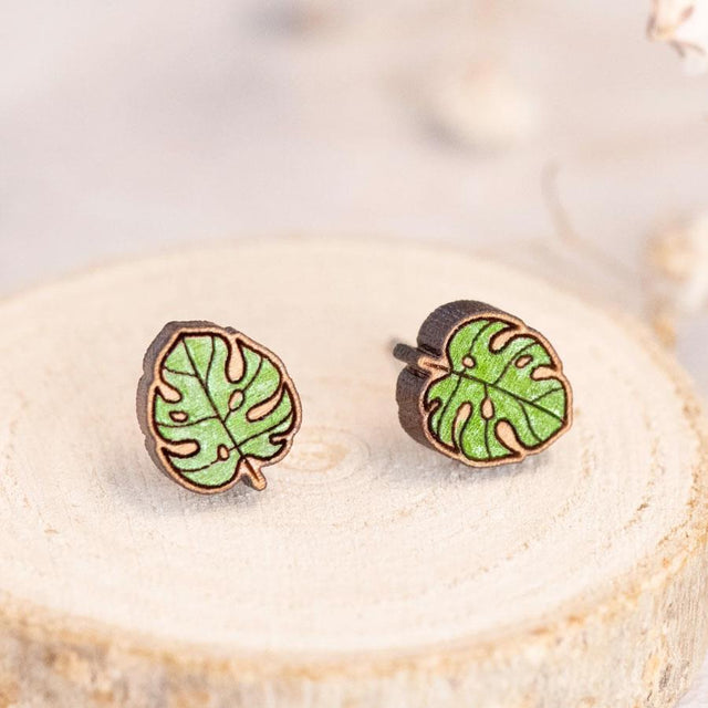 Monstera Leaf Wooden Stud Earrings