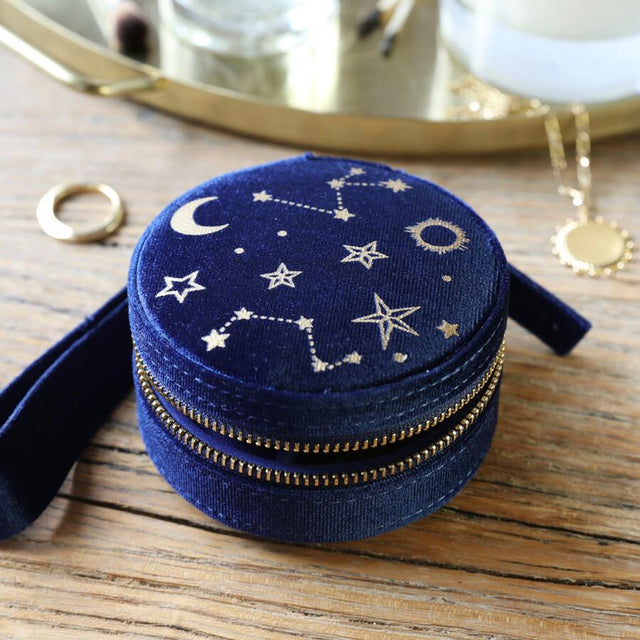 Round Navy Starry Night Velvet Jewellery Case