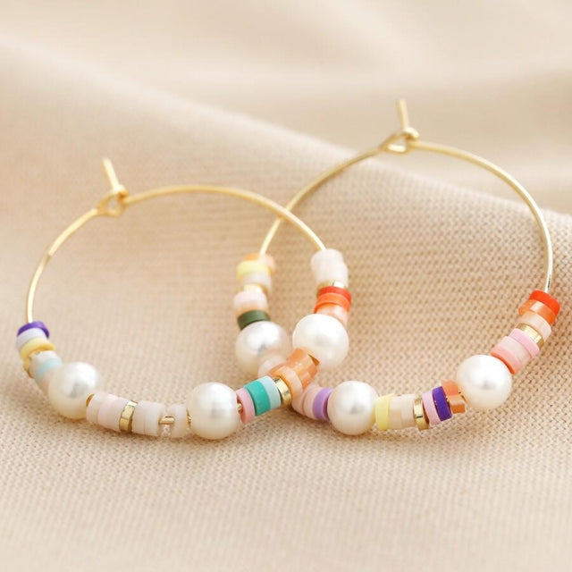 Colourful Bead and Pearl Hoop Earrings in Gold