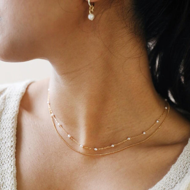 Tiny Seed Pearl Layered Chain Necklace in Gold
