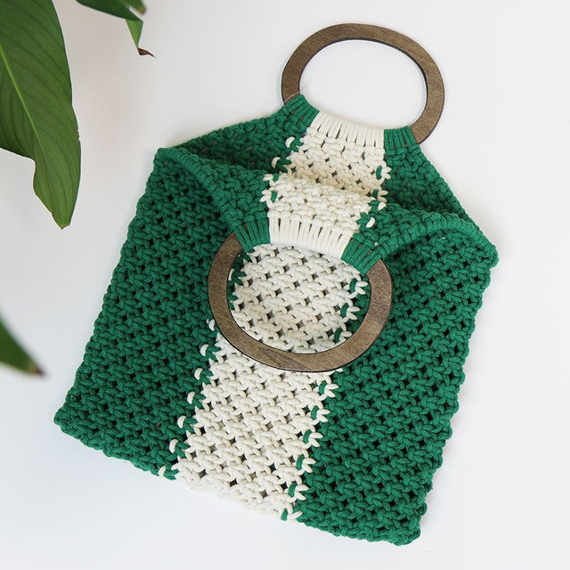 Green and White Crochet Bag with Wooden Handles