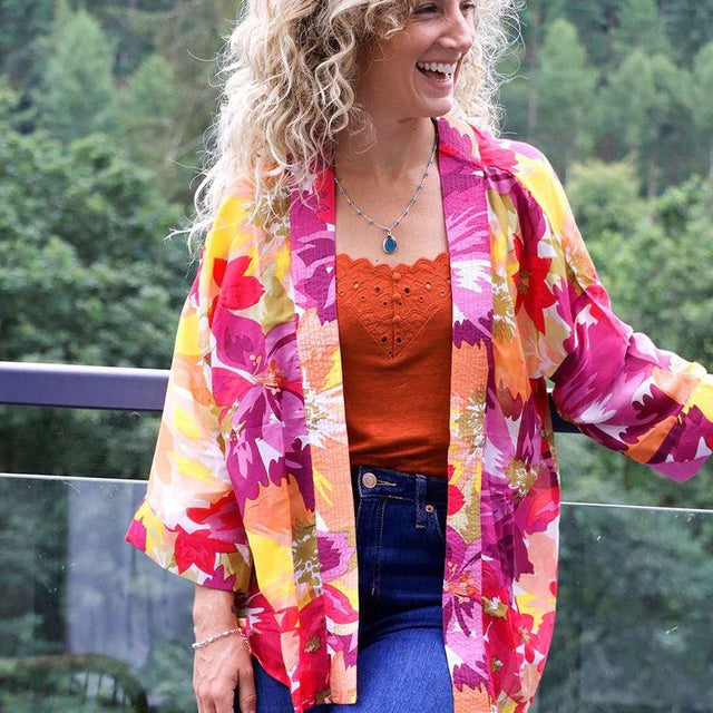 Bright Purple, Pink and Yellow Floral Print Kimono