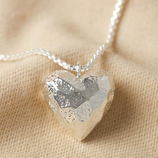 Large 3D Molten Heart Pendant Necklace in Silver