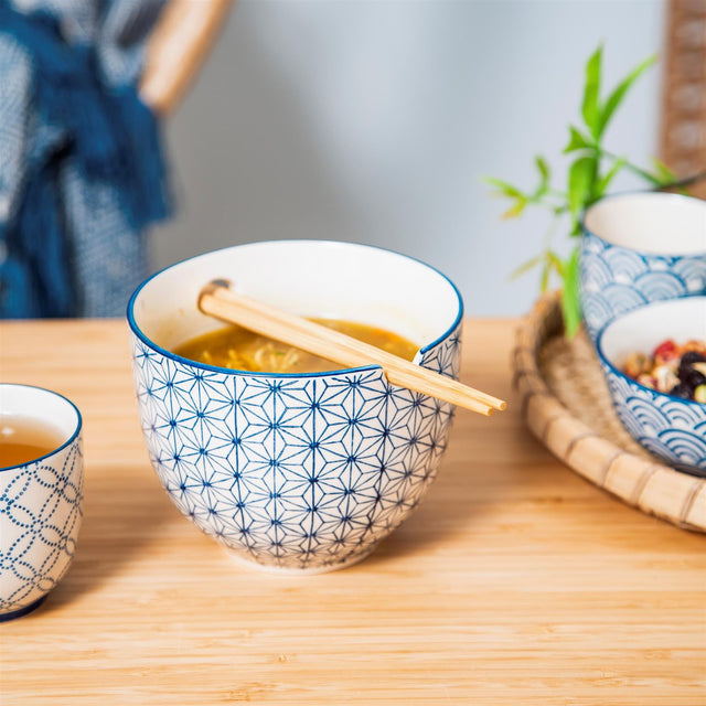 Blue Sashiko Pattern Noodle Bowl with Chopsticks