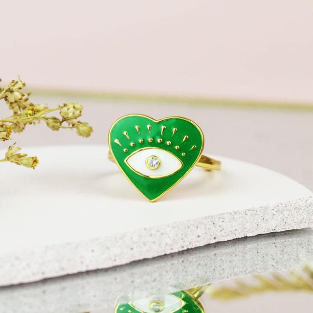 Green Enamel Eye Heart Gold Ring