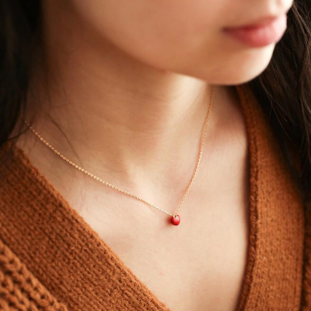 Red Tiny Enamel Heart Necklace in Gold