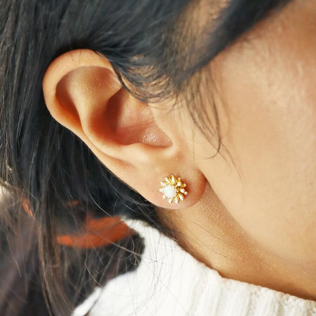 Opal and Enamel Floral Stud Earrings in Gold