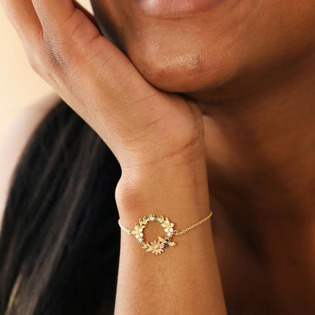 Crystal Flower and Enamel Bee Bracelet in Gold